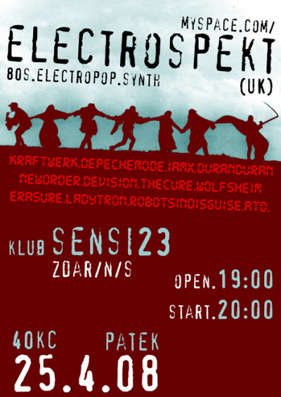 Plakát: 25.4.08 electrospekt (uk)-80s/electro/synth noc - Zdar NS
